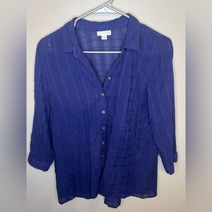 J Jill Size Small Blouse 3/4 Sleeves Ruffle Flounce Square Pattern Sheer Size S